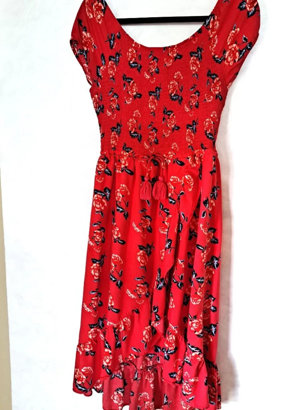 Justice Girls size 20 Red Shirred Bodice Floral Print Dress with Tasseled Bow
